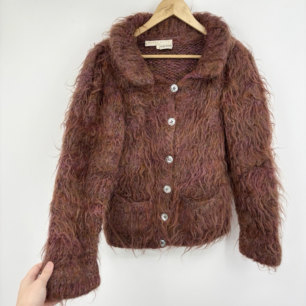 Vintage Perry Ellis Henri Bendel Handknit Shaggy Mohair Cardigan Indie Grunge